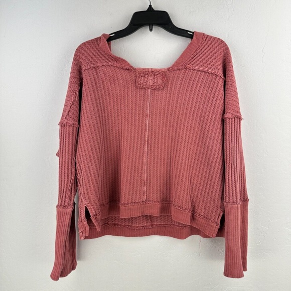 We The Free Cropped Sweater Women Small Pink Waffle Knit Dolman Sleeve Oversized - Picture 2 of 11